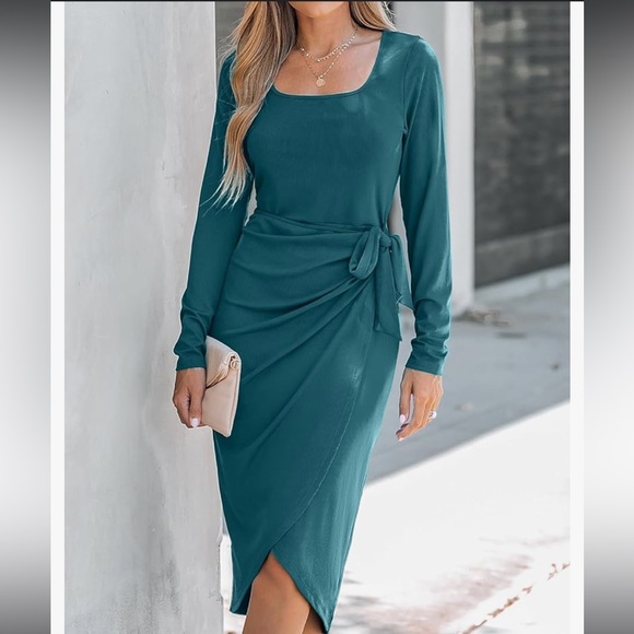 CUPSHE Scoop Neck Belted Long Sleeve Wrap‎ Midi Dress in teal size medium - Picture 8 of 10